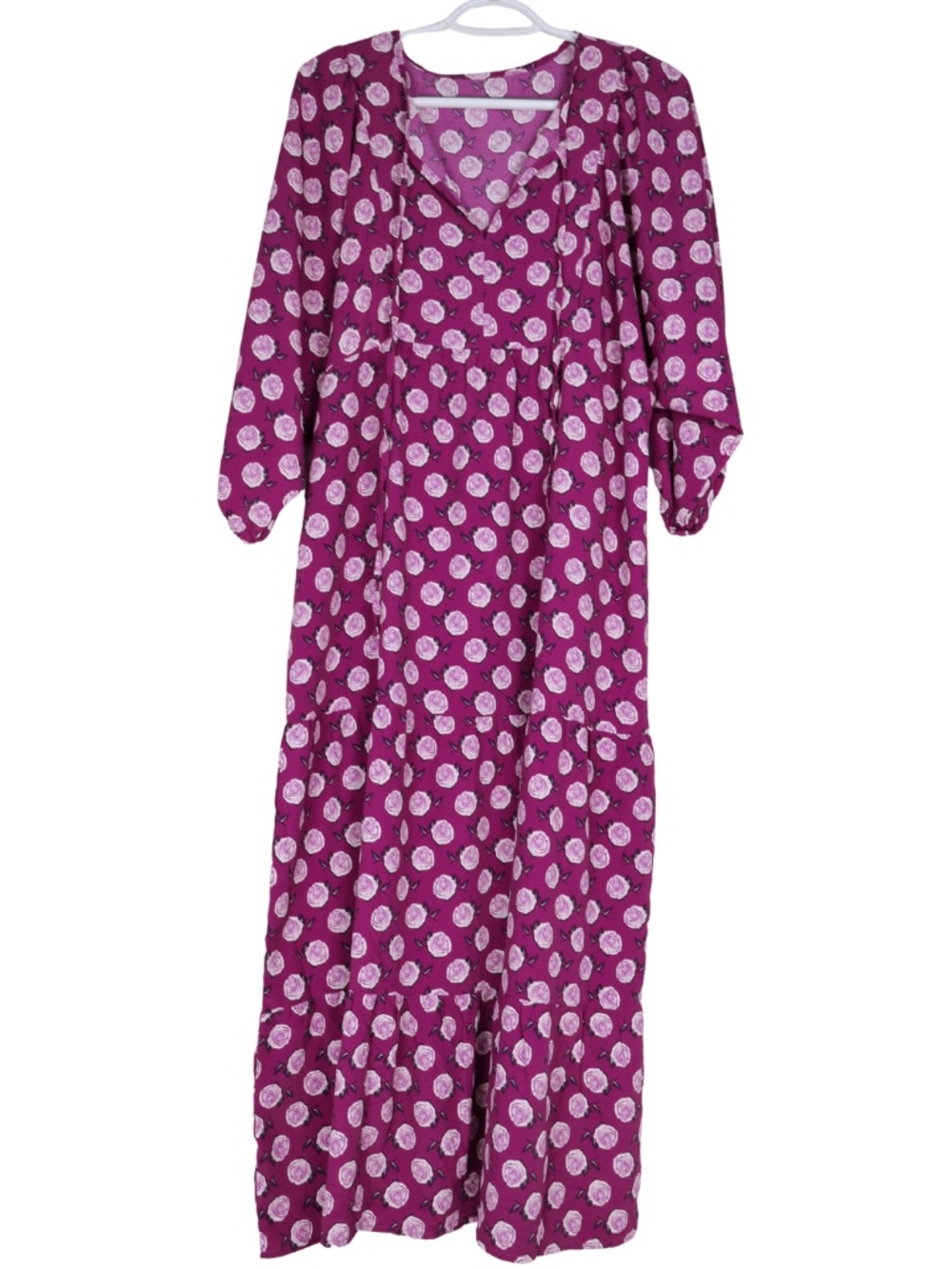 MIDUO Womens Medium Purple Rose Floral Maxi Dress Boho Tiered 3/4 Sleeve